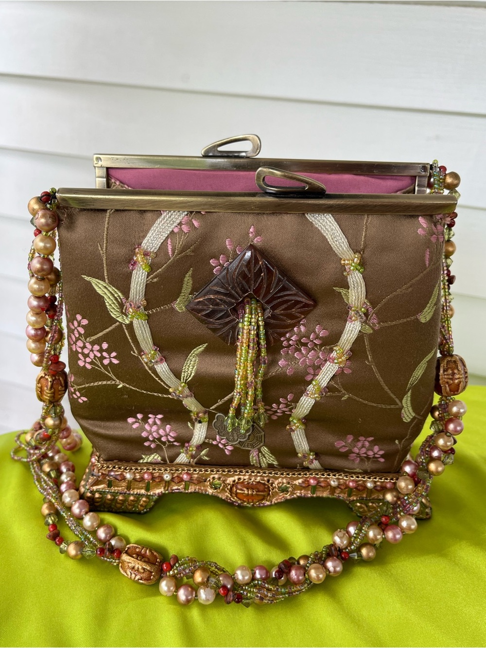 Mary Frances Embroidered Olive Green Pagoda Beaded Evening Bag